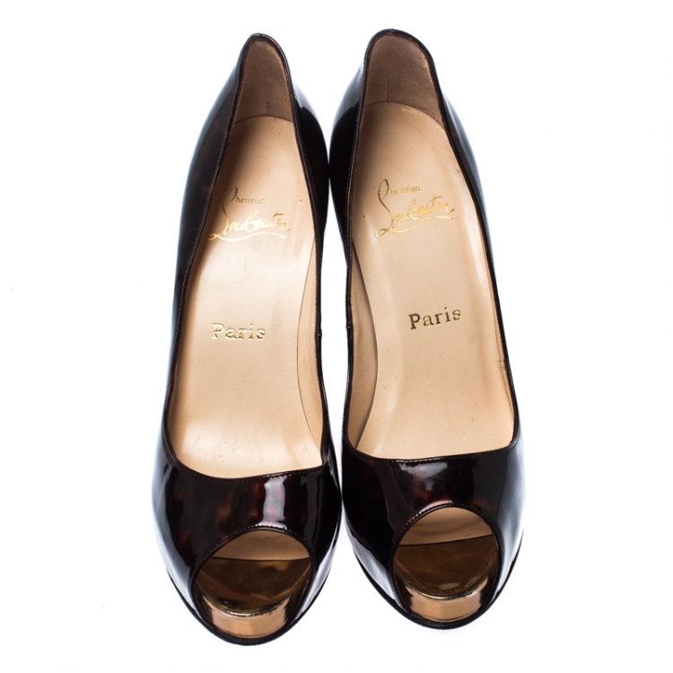 Pre Owned Christian Louboutin Brown/Black Patent Leather Hyper Prive Peep Toe Platform Pumps Size 38