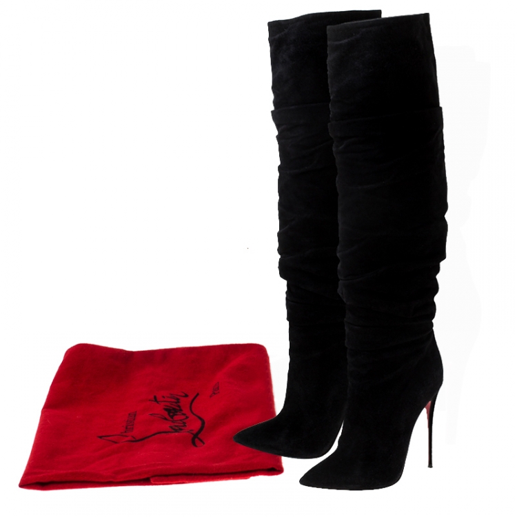 Pre Owned Christian Louboutin Black Pleated Suede Knee High Boots Size 37