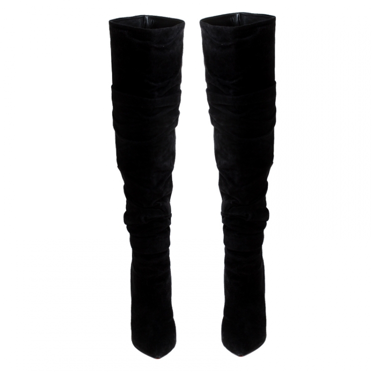 Pre Owned Christian Louboutin Black Pleated Suede Knee High Boots Size 37