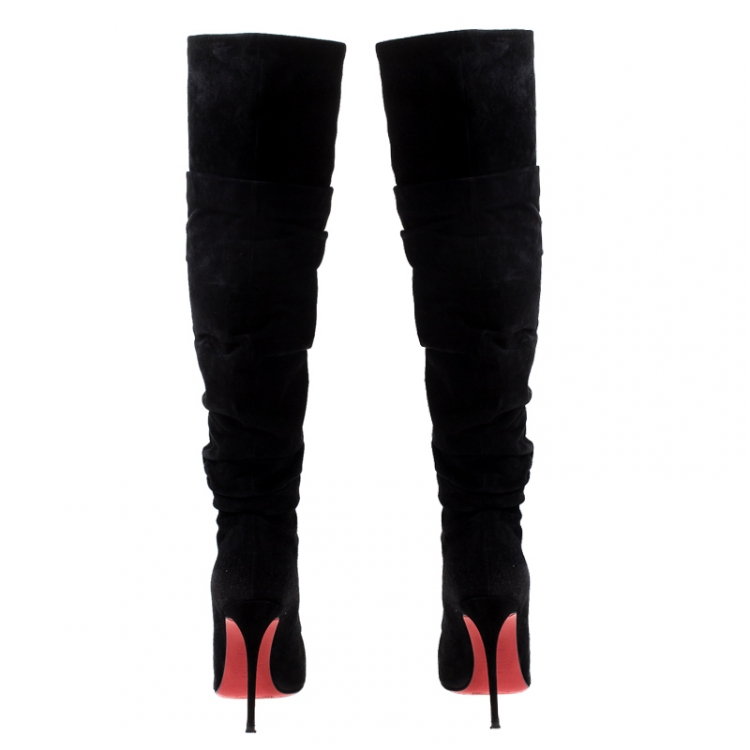Pre Owned Christian Louboutin Black Pleated Suede Knee High Boots Size 37