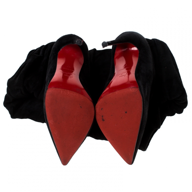 Pre Owned Christian Louboutin Black Pleated Suede Knee High Boots Size 37