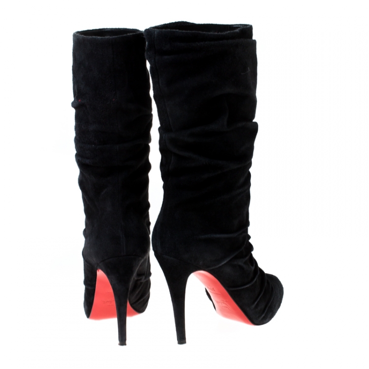 Pre Owned Christian Louboutin Black Pleated Suede Prios Mid Calf Boots Size 37.5