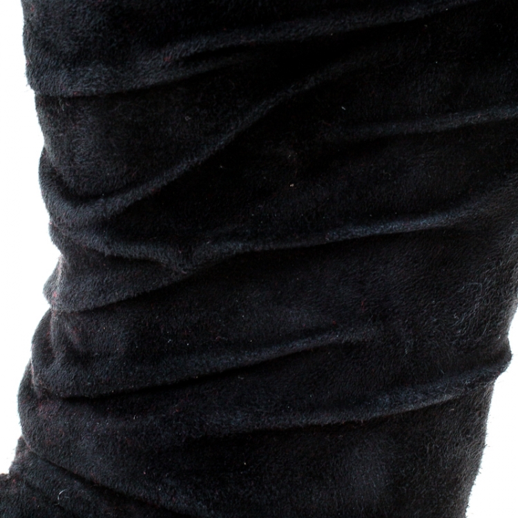 Pre Owned Christian Louboutin Black Pleated Suede Prios Mid Calf Boots Size 37.5