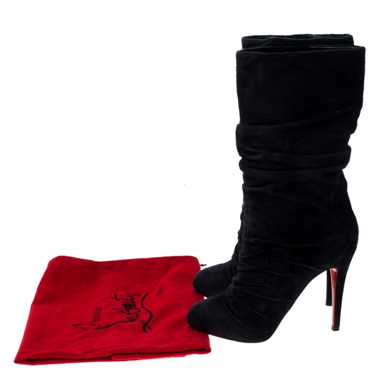 Pre Owned Christian Louboutin Black Pleated Suede Prios Mid Calf Boots Size 37.5