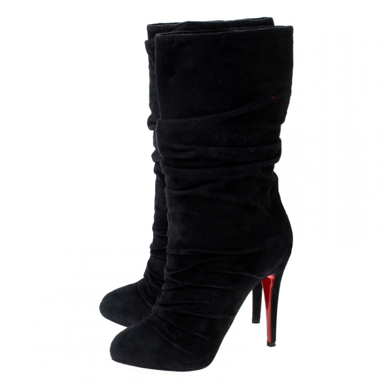 Pre Owned Christian Louboutin Black Pleated Suede Prios Mid Calf Boots Size 37.5