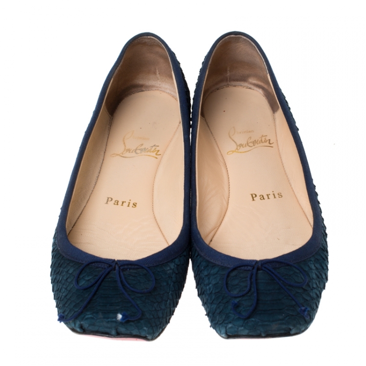 Pre Owned Christian Louboutin Blue Python Leather Rosella Bow Ballet Flats Size 37