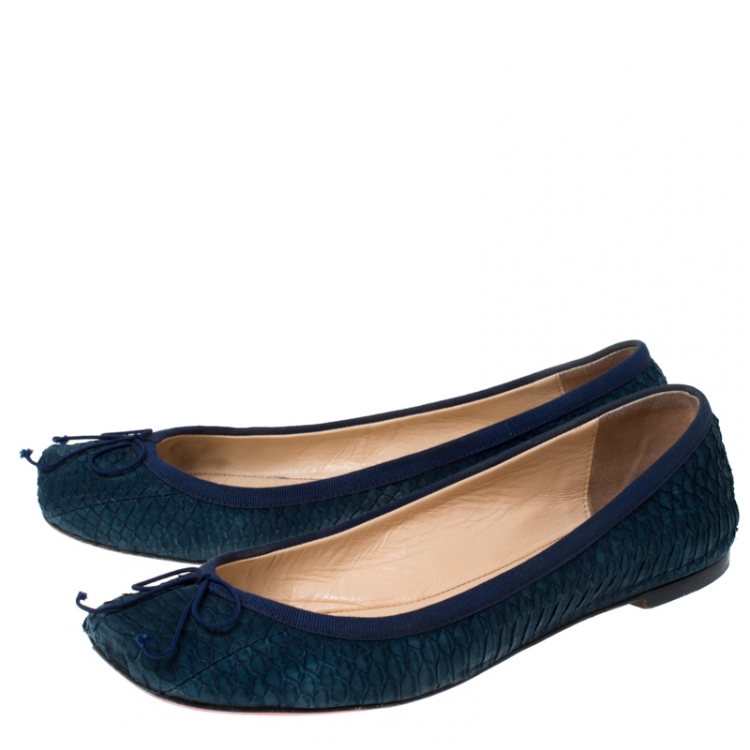 Pre Owned Christian Louboutin Blue Python Leather Rosella Bow Ballet Flats Size 37