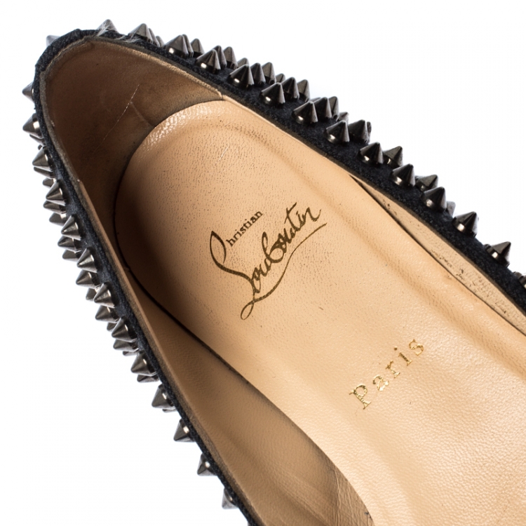 Pre Owned Christian Louboutin Black Canvas Spike Pointed Toe Ballet Flats Size 38