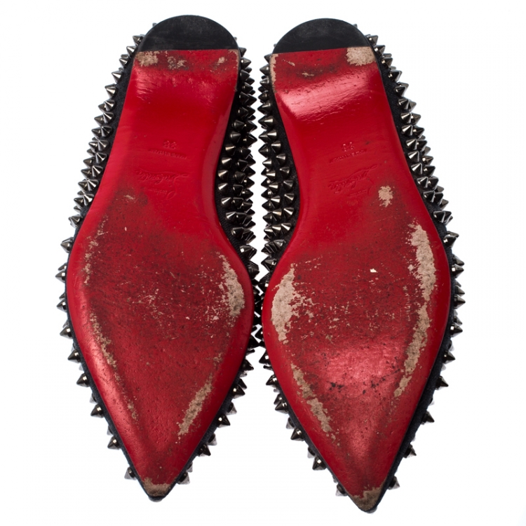 Pre Owned Christian Louboutin Black Canvas Spike Pointed Toe Ballet Flats Size 38