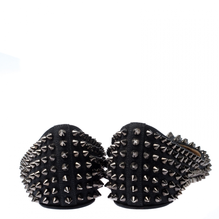 Pre Owned Christian Louboutin Black Canvas Spike Pointed Toe Ballet Flats Size 38