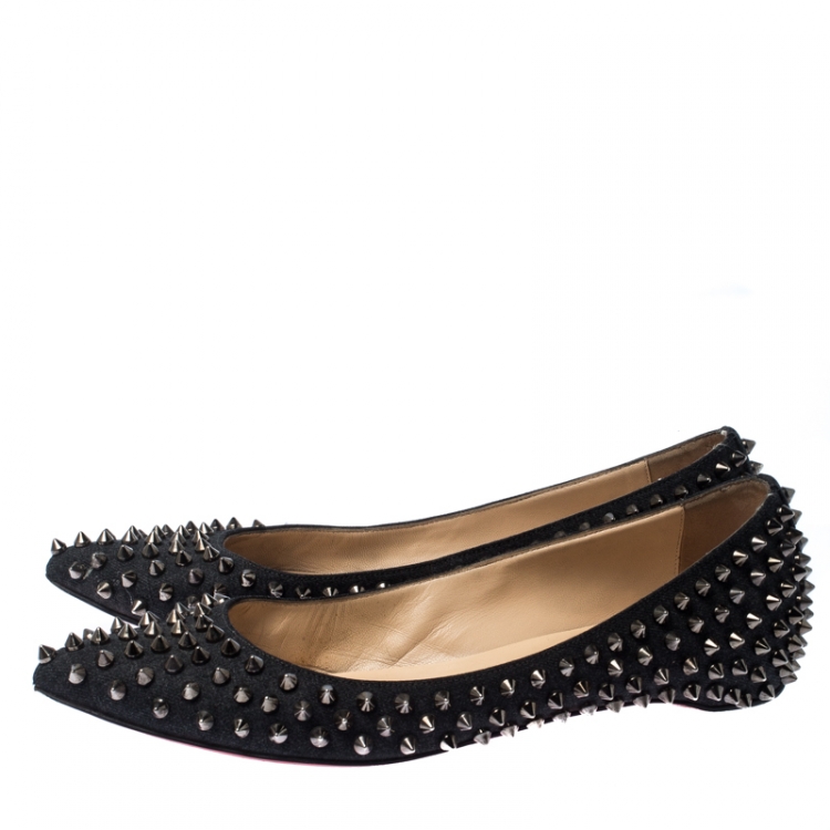 Pre Owned Christian Louboutin Black Canvas Spike Pointed Toe Ballet Flats Size 38