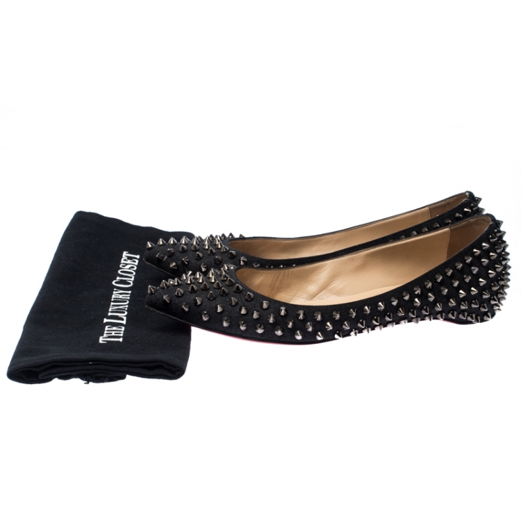 Pre Owned Christian Louboutin Black Canvas Spike Pointed Toe Ballet Flats Size 38
