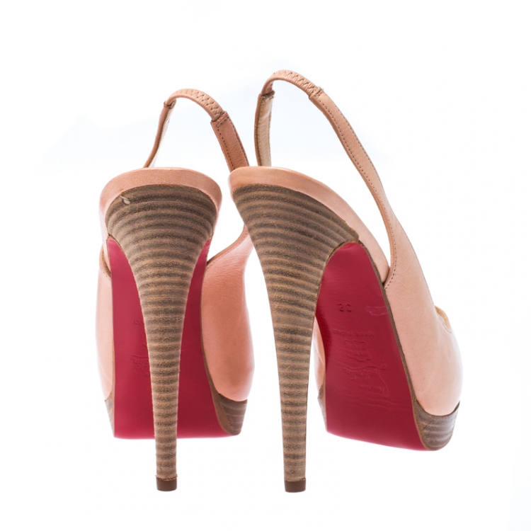 Pre Owned Christian Louboutin Beige Leather Slingback Peep Toe Platform Sandals Size 38