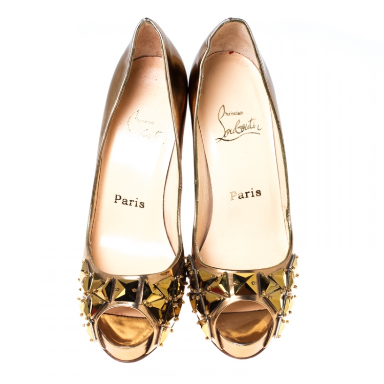 Pre Owned Christian Louboutin Metallic Gold Leather Blingbling Embellished Platform Peep Toe Pumps Size 37