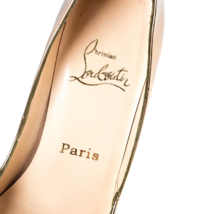 Pre Owned Christian Louboutin Metallic Gold Leather Blingbling Embellished Platform Peep Toe Pumps Size 37