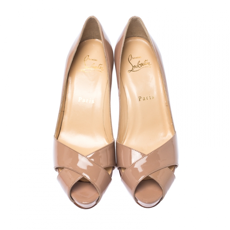 Pre Owned Christian Louboutin Nude Beige Patent Leather Shelley Peep Toe Pump Size 36