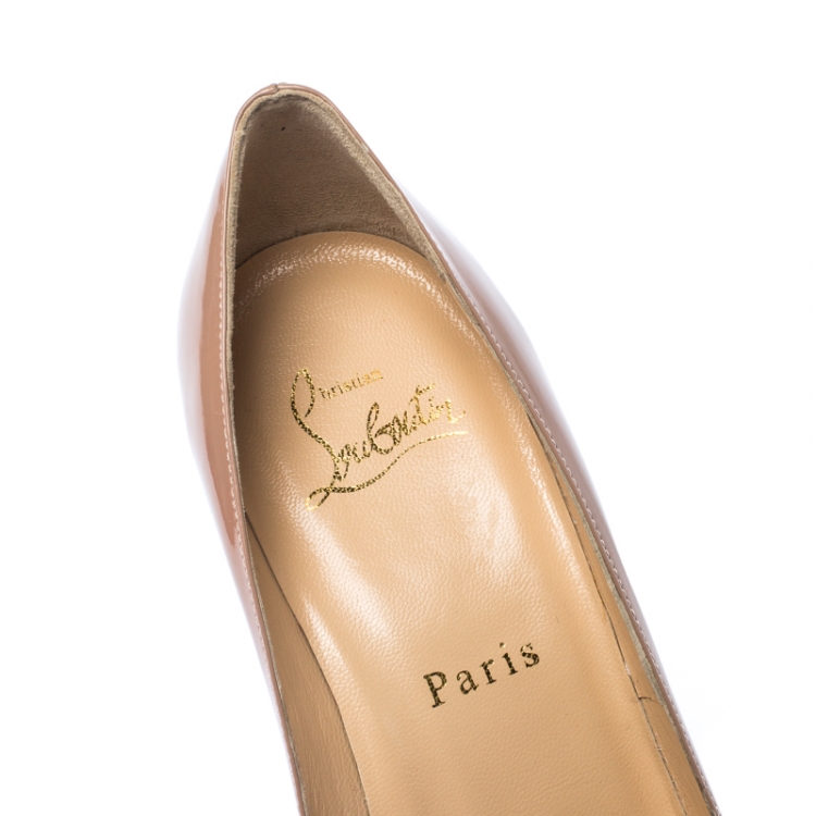 Pre Owned Christian Louboutin Nude Beige Patent Leather Shelley Peep Toe Pump Size 36