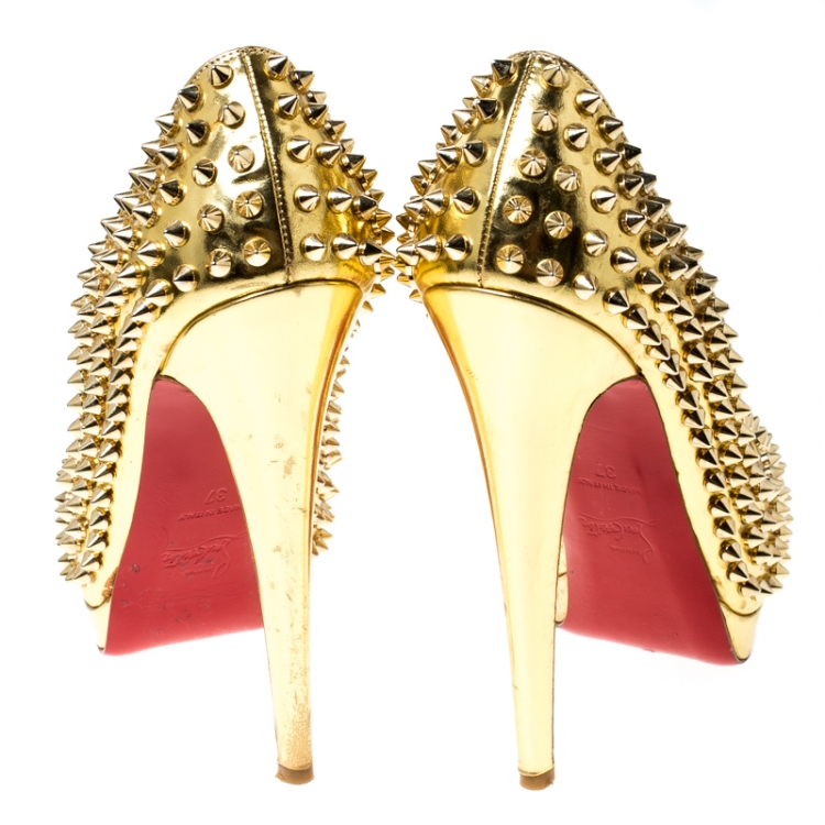 Pre Owned Christian Louboutin Metallic Gold Leather Alti Spike Platform Pumps Size 37