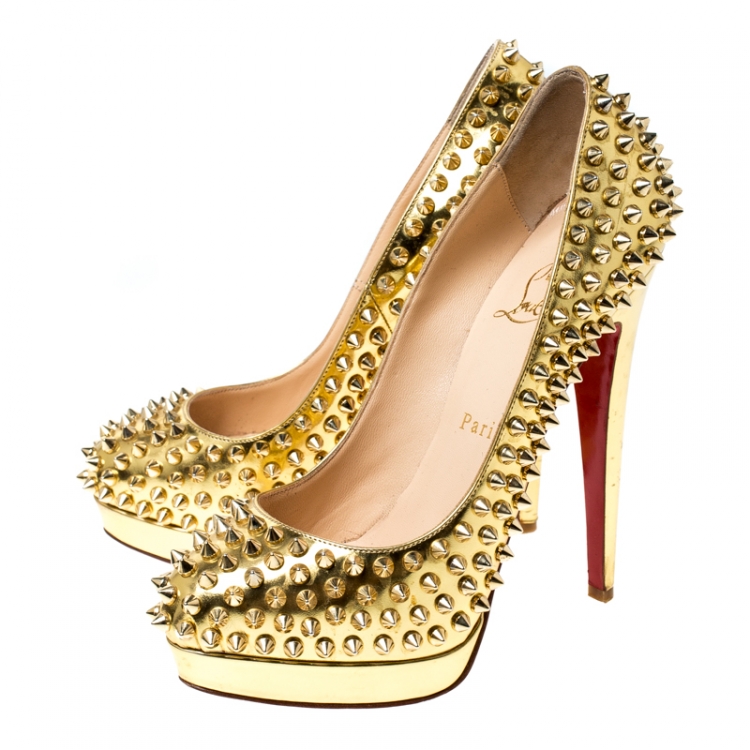 Pre Owned Christian Louboutin Metallic Gold Leather Alti Spike Platform Pumps Size 37