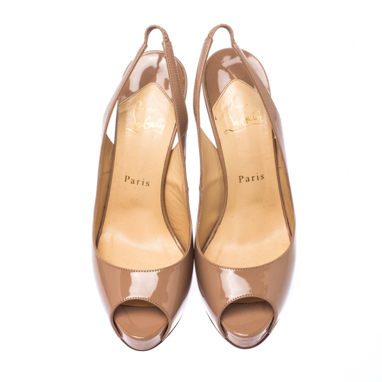 Pre Owned Christian Louboutin Beige Patent Leather Private Number Slingback Platform Peep Toe Sandals Size 38
