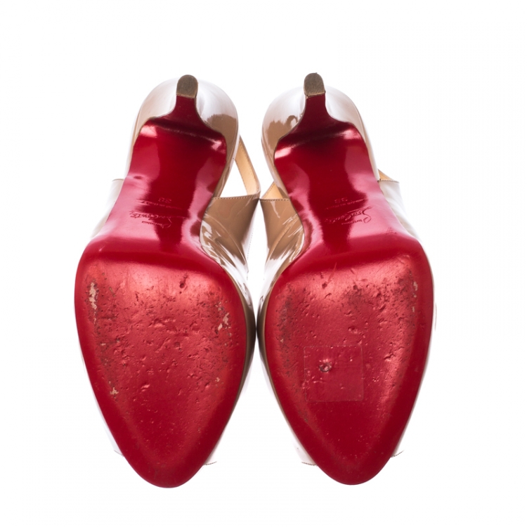Pre Owned Christian Louboutin Beige Patent Leather Private Number Slingback Platform Peep Toe Sandals Size 38