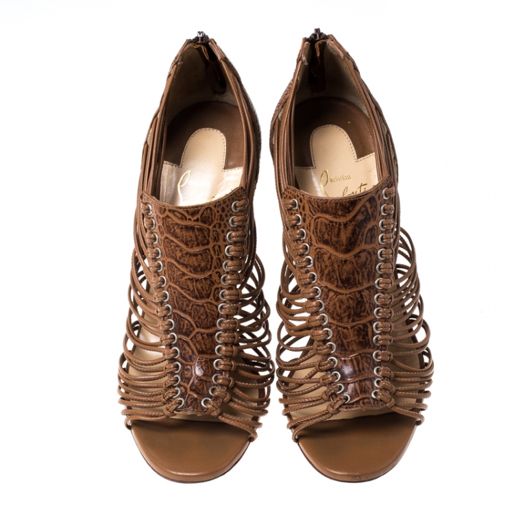Pre Owned Christian Louboutin Brown Embossed Leather Strappy Sandals Size 37