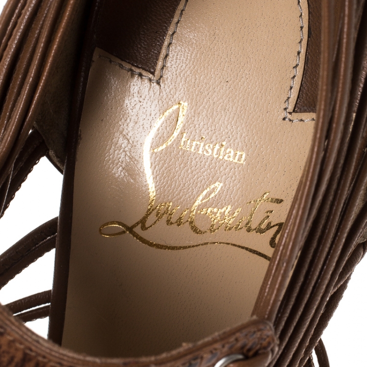 Pre Owned Christian Louboutin Brown Embossed Leather Strappy Sandals Size 37