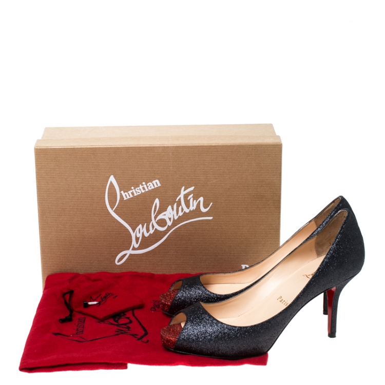 Pre Owned  Christian Louboutin Dark Grey/Red Glitter Mater Claude Peep-Toe Pumps Size 37