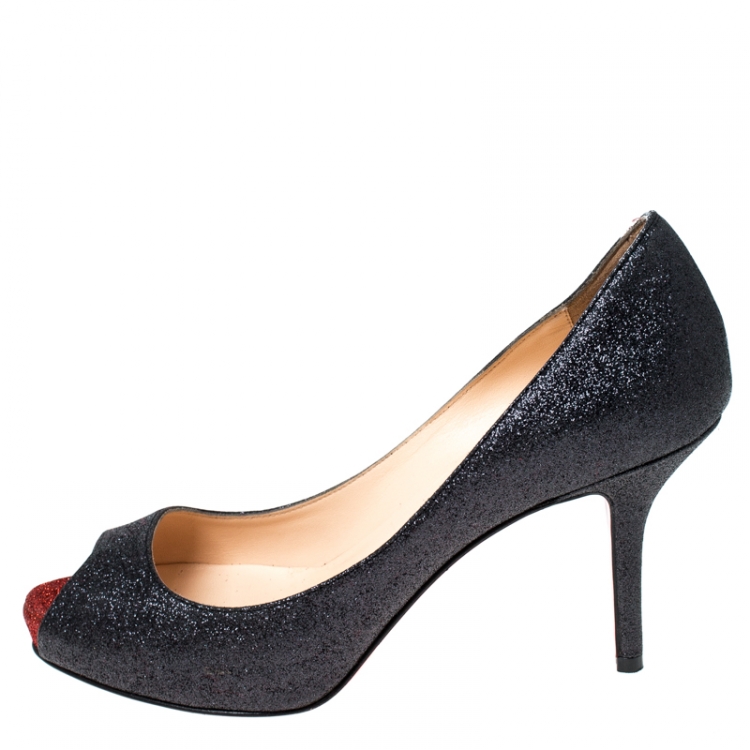 Pre Owned  Christian Louboutin Dark Grey/Red Glitter Mater Claude Peep-Toe Pumps Size 37