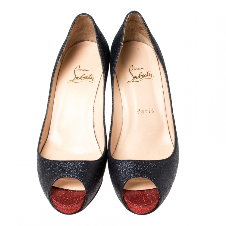 Pre Owned  Christian Louboutin Dark Grey/Red Glitter Mater Claude Peep-Toe Pumps Size 37