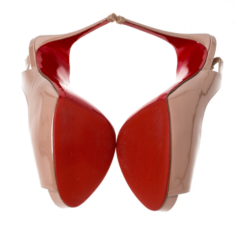 Pre Owned Christian Louboutin Beige Patent Leather Private Number Peep Toe Slingback Platform Sandals Size 40