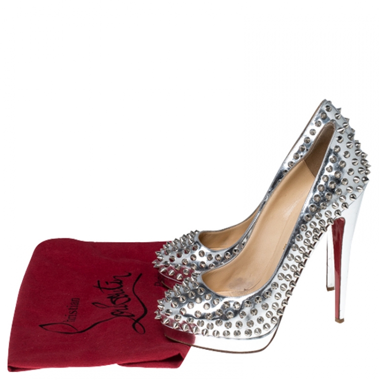 Pre Owned Christian Louboutin Metallic Silver Leather Alti Spike Platform Pumps Size 38.5