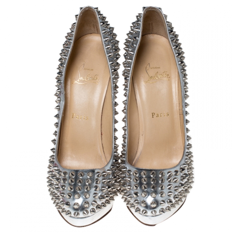 Pre Owned Christian Louboutin Metallic Silver Leather Alti Spike Platform Pumps Size 38.5