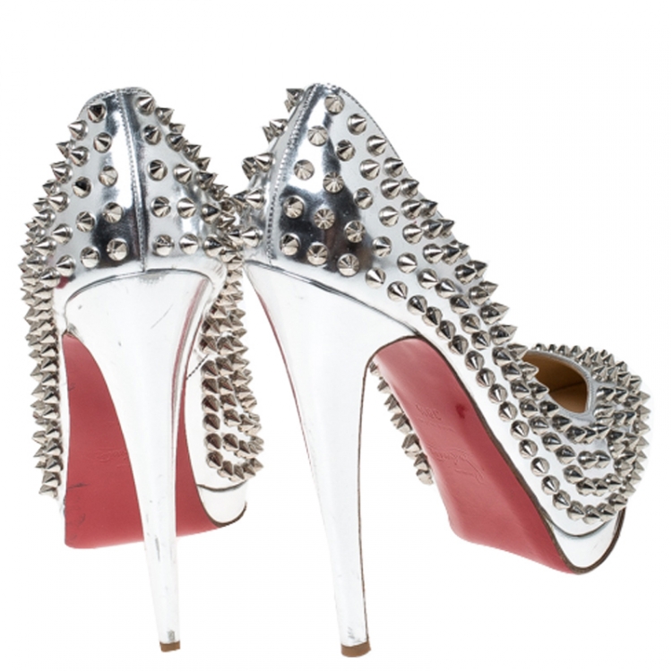 Pre Owned Christian Louboutin Metallic Silver Leather Alti Spike Platform Pumps Size 38.5