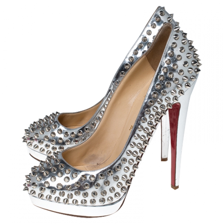 Pre Owned Christian Louboutin Metallic Silver Leather Alti Spike Platform Pumps Size 38.5