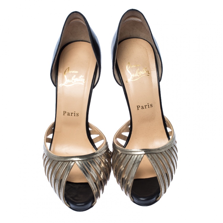 مملوكة مسبقًا Christian Louboutin Black/Gold Cage Metal And Leather D'Orsay Open Toe Pumps Size 40