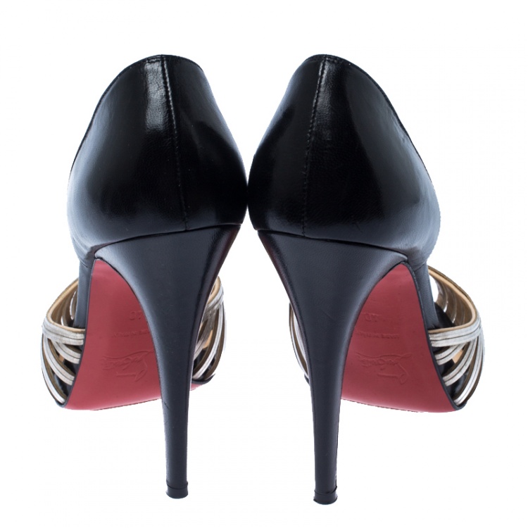 مملوكة مسبقًا Christian Louboutin Black/Gold Cage Metal And Leather D'Orsay Open Toe Pumps Size 40