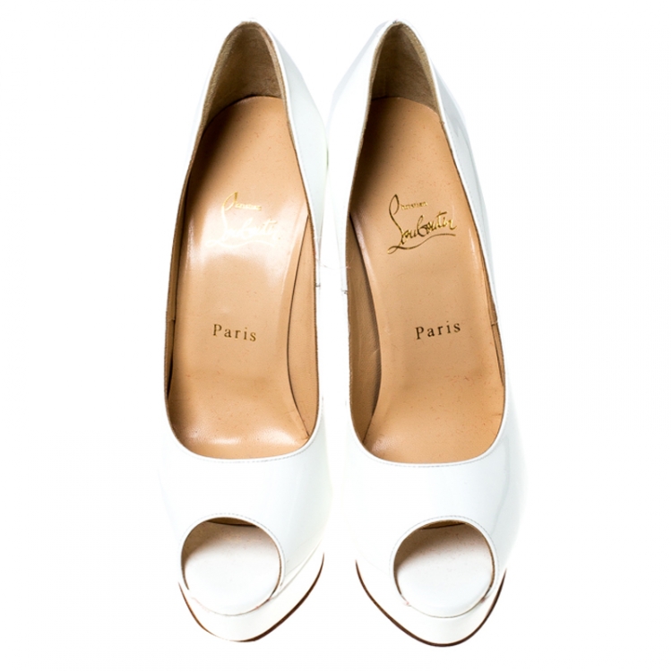 Pre Owned Christian Louboutin White Patent Leather Lady Peep Platform Pumps Size 40