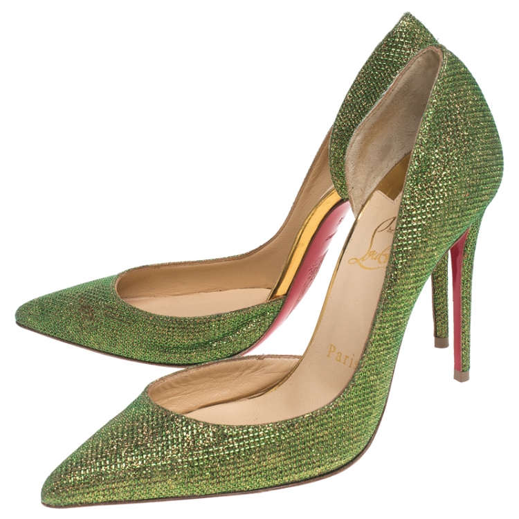 Pre Owned Christian Louboutin Green Glitter Fabric Iriza D'orsay Pumps Size 36.5