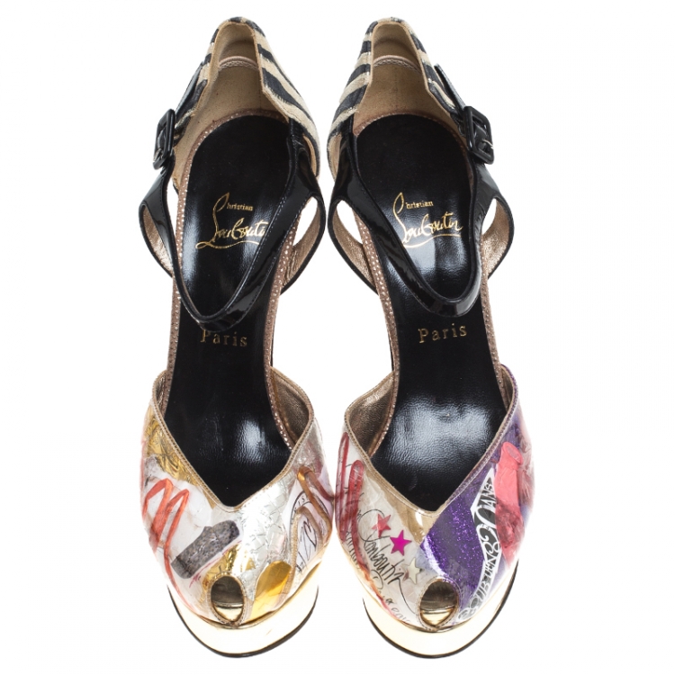 مملوكة مسبقًا Christian Louboutin Multicolor PVC No. 299 Trash Platform Ankle Straps Pumps Size 39.5