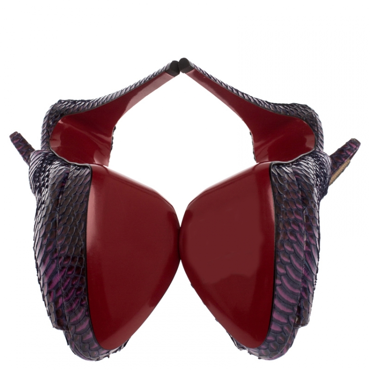 Pre Owned Christian Louboutin Purple/Pink Python Lady Peep Toe Platform Slingback Sandals Size 39