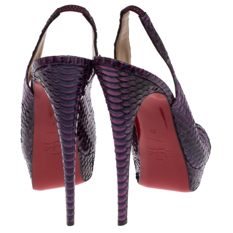 Pre Owned Christian Louboutin Purple/Pink Python Lady Peep Toe Platform Slingback Sandals Size 39