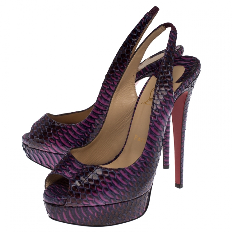 Pre Owned Christian Louboutin Purple/Pink Python Lady Peep Toe Platform Slingback Sandals Size 39