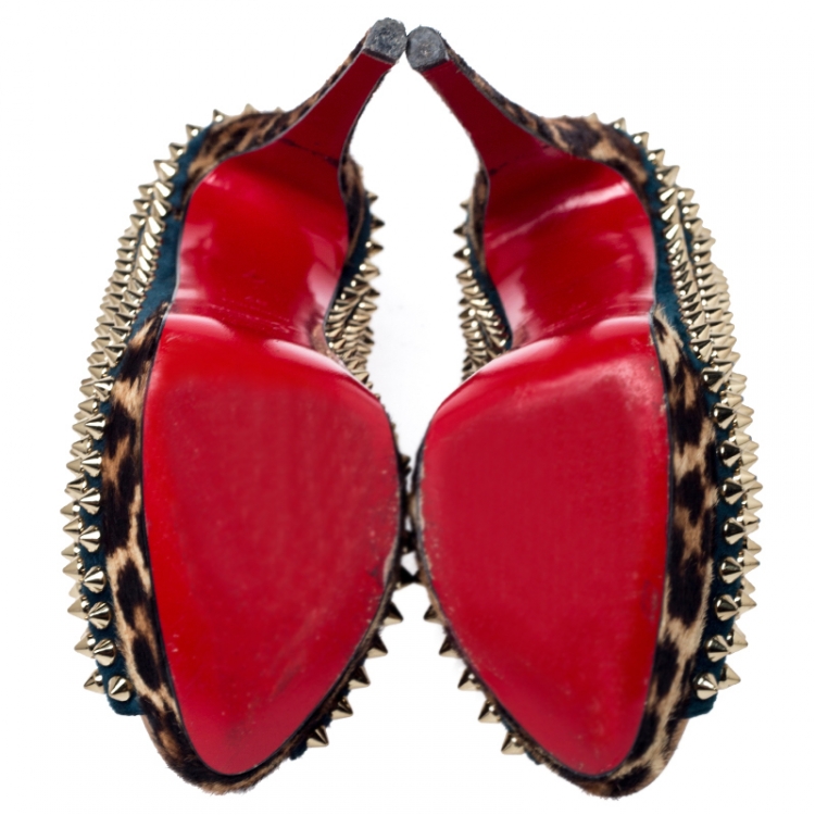 Pre Owned  Christian Louboutin Green Suede Leopard Pony Hair Lady Peep Spikes Platform Pumps Size 37