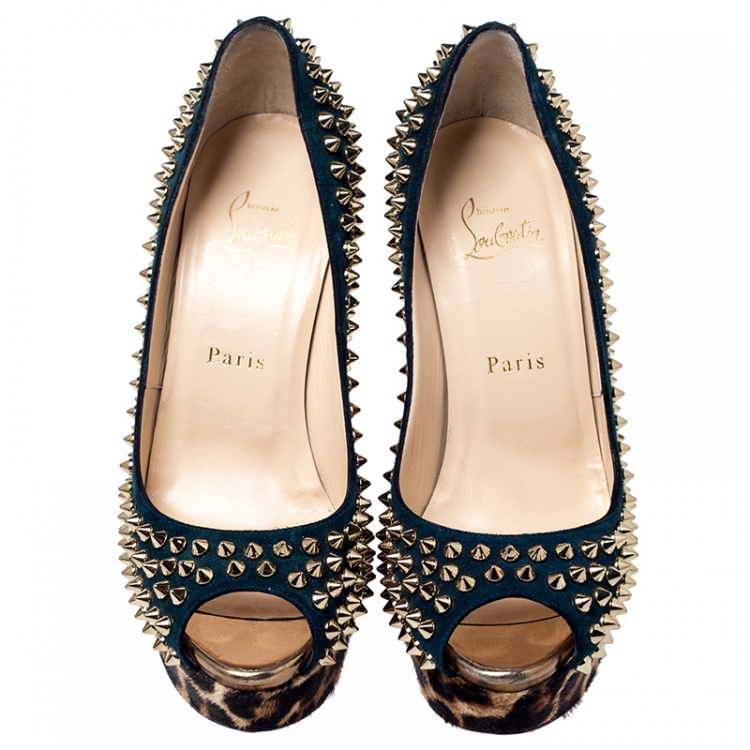 Pre Owned  Christian Louboutin Green Suede Leopard Pony Hair Lady Peep Spikes Platform Pumps Size 37