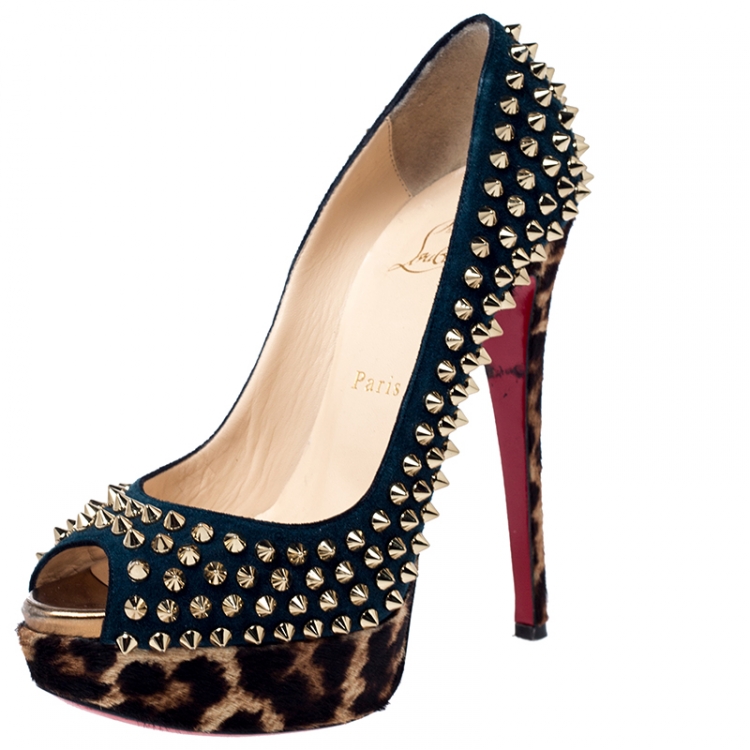 Pre Owned  Christian Louboutin Green Suede Leopard Pony Hair Lady Peep Spikes Platform Pumps Size 37