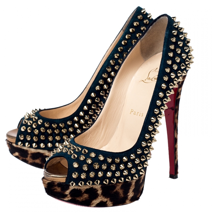 Pre Owned  Christian Louboutin Green Suede Leopard Pony Hair Lady Peep Spikes Platform Pumps Size 37
