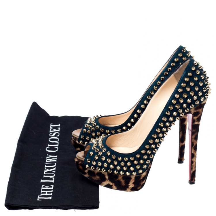Pre Owned  Christian Louboutin Green Suede Leopard Pony Hair Lady Peep Spikes Platform Pumps Size 37
