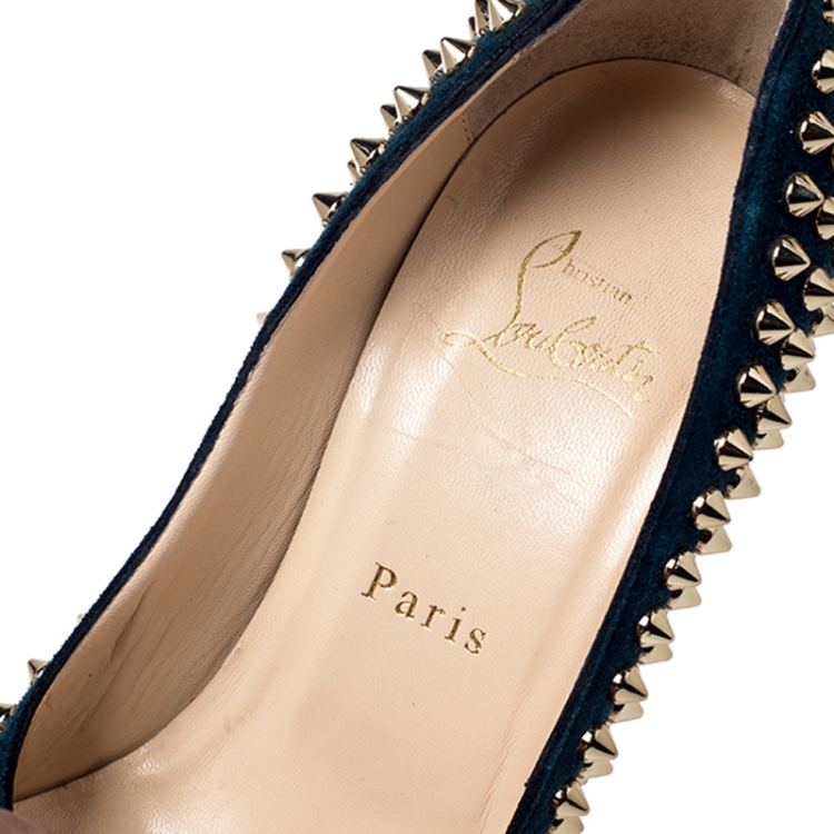 Pre Owned  Christian Louboutin Green Suede Leopard Pony Hair Lady Peep Spikes Platform Pumps Size 37