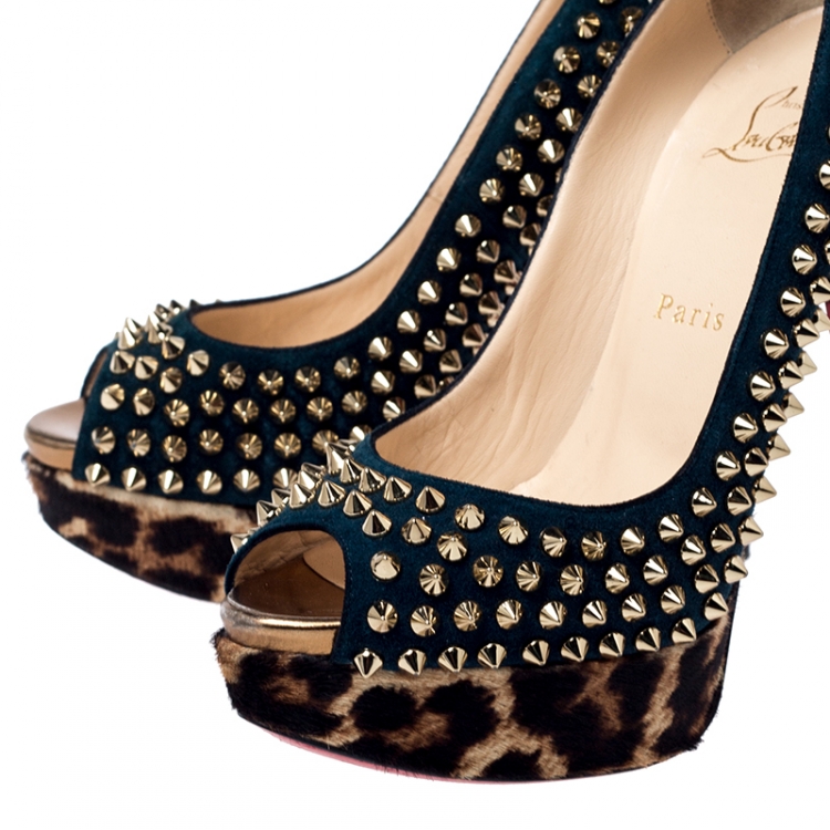Pre Owned  Christian Louboutin Green Suede Leopard Pony Hair Lady Peep Spikes Platform Pumps Size 37
